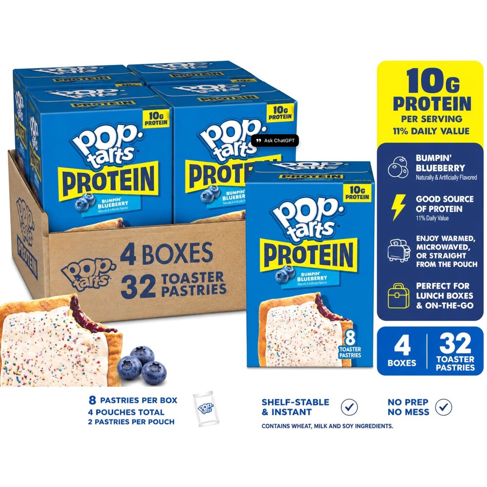 Pop Tarts Bumpin' Blueberry 10g Protein Toaster Pastries 4 Boxes 32 Ct Snack NIB